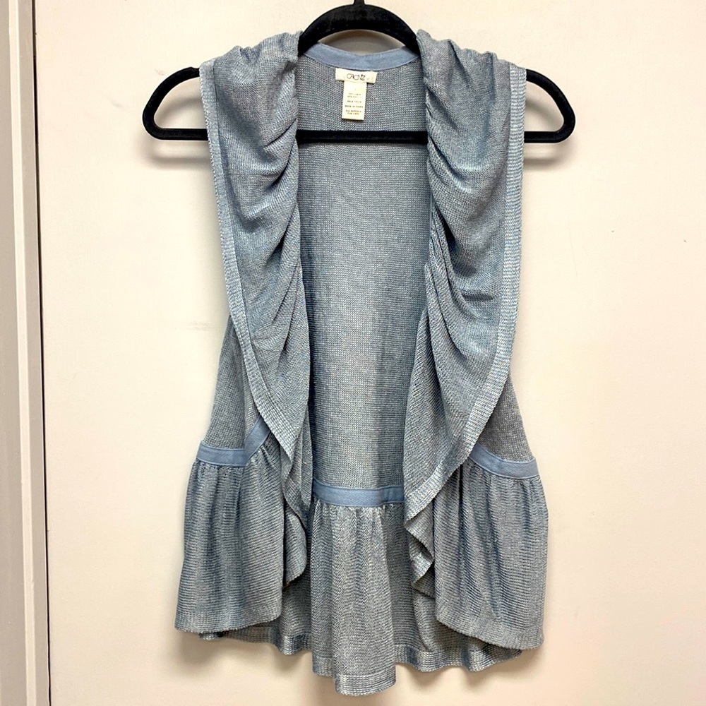 Caché Sleeveless Open Front Ruffled Cardigan (light blue)